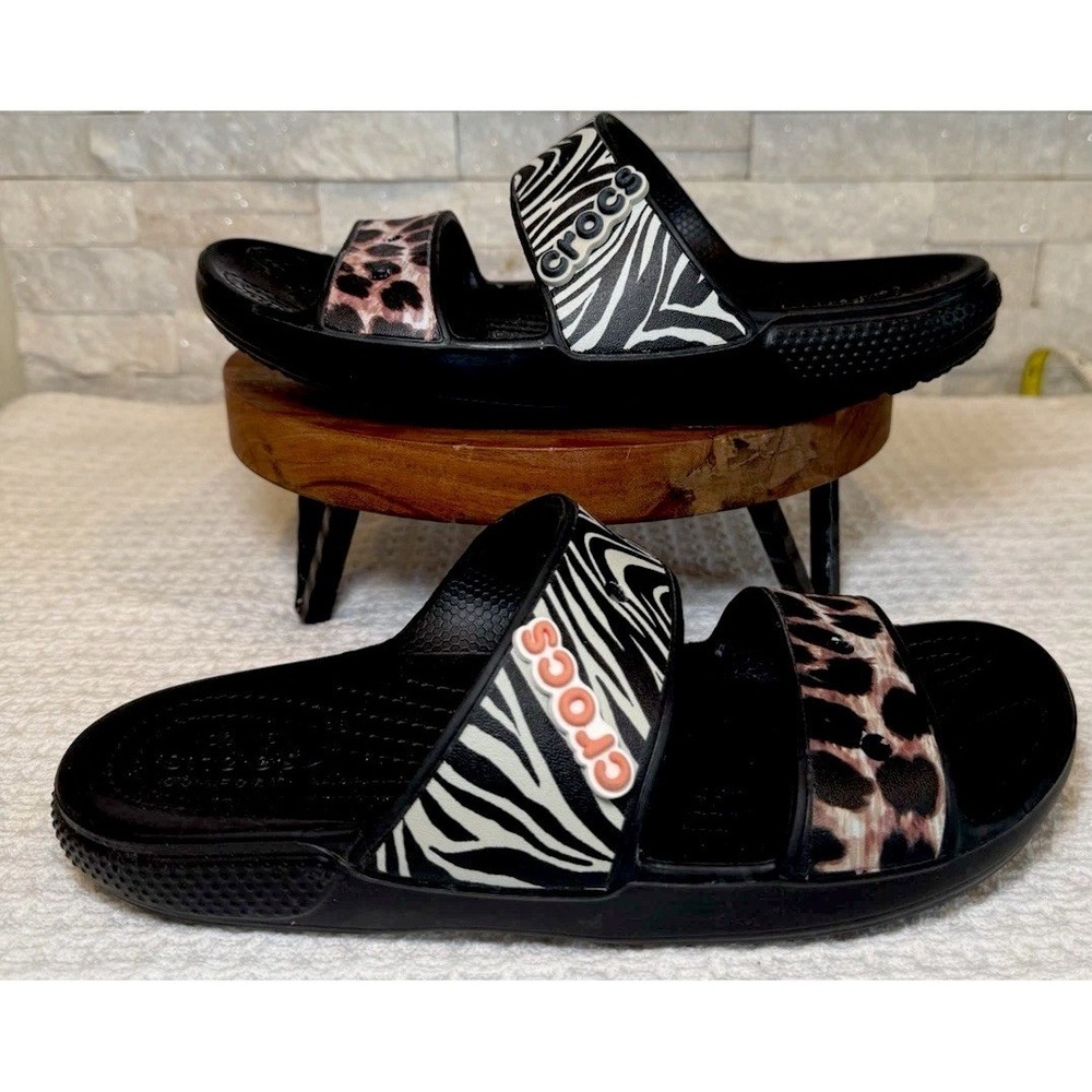 Crocs Sandals Womens Size 9 Black Zebra Leopard Animal Print Slide Shoes